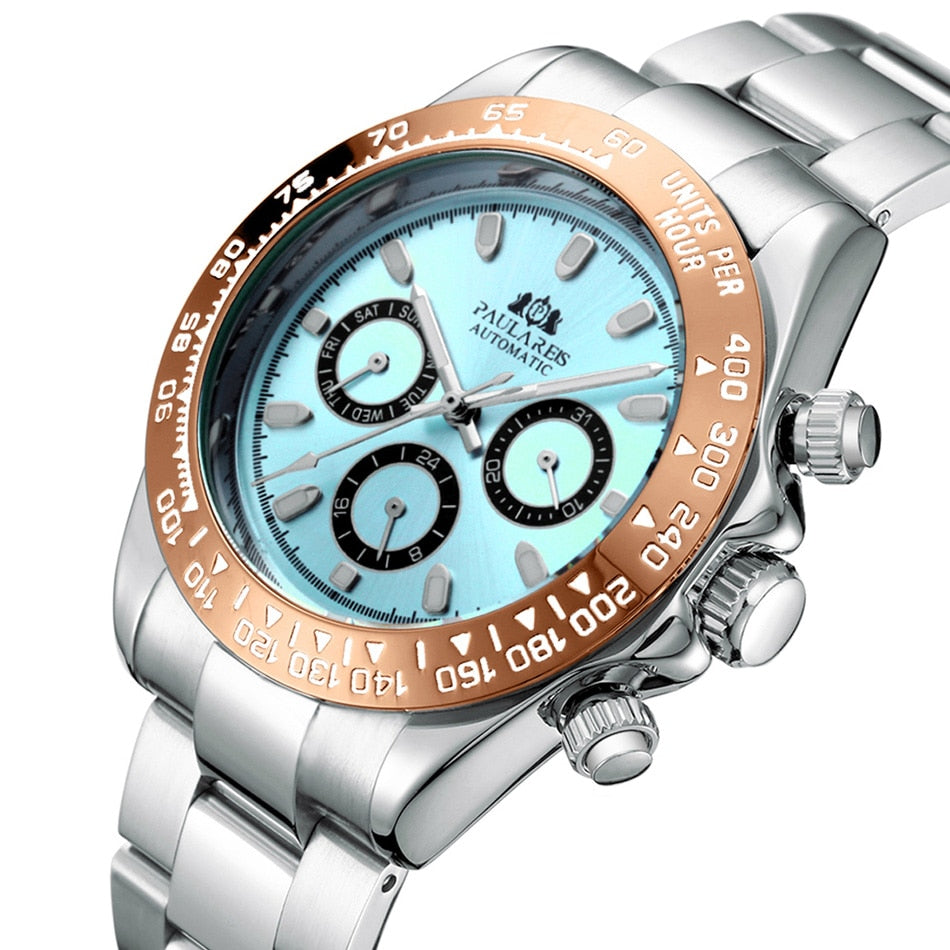 Men Automatic Watches Self Wind Mechanical Gold Stainless Steel Strap Glacier Ice Blue Dial Chestnut Brown Bezel Luminous Watch