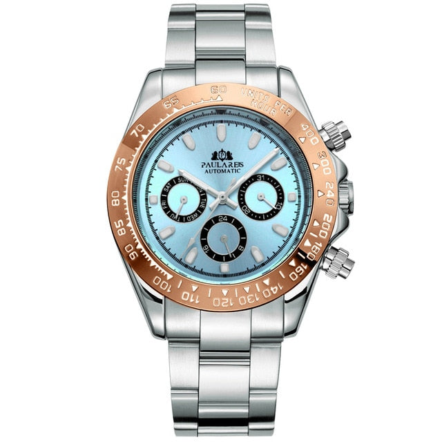 Men Automatic Watches Self Wind Mechanical Gold Stainless Steel Strap Glacier Ice Blue Dial Chestnut Brown Bezel Luminous Watch