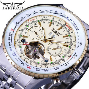 Jaragar 2017 Flying Series Golden Bezel Scale Dial Design Stainless Steel Mens Watch Top Brand Luxury Automatic Mechanical Watch