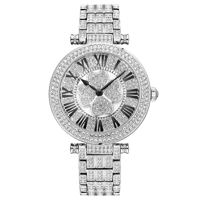 PB Watch Women Four-Leaf Clover Rotatable Dial Watches Women Crystal Bracelet Silver Quartz Waterproof Luxury Relogio Feminino