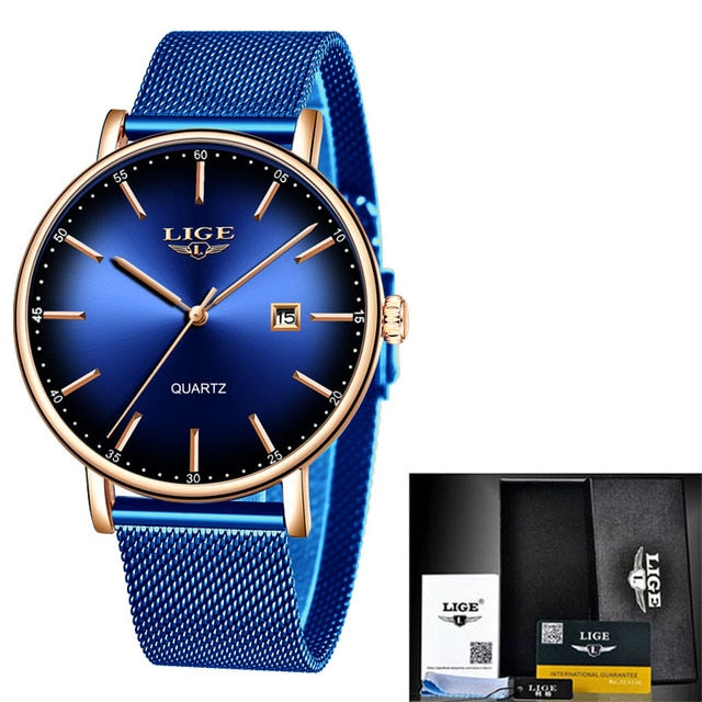 LIGE 2020 New Women Watch Top Brand Luxury Ladies Mesh Belt Ultra-thin Watch Stainless Steel Waterproof Quartz Watch Reloj Mujer